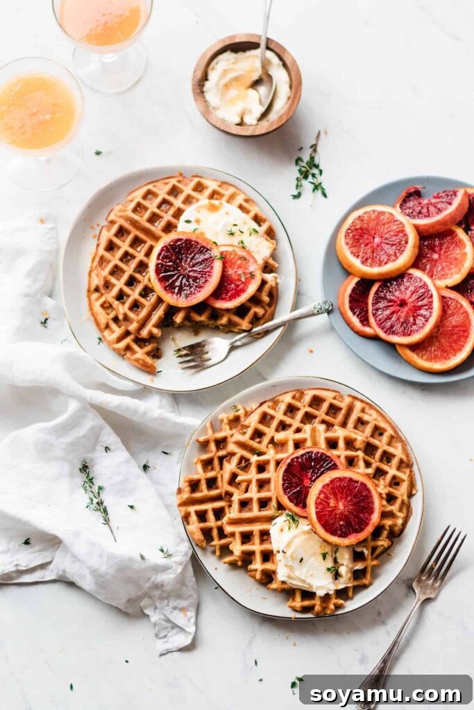 Fluffy buttermilk waffles topped with roasted blood orange slices and a generous dollop of honey mascarpone, drizzled with maple syrup