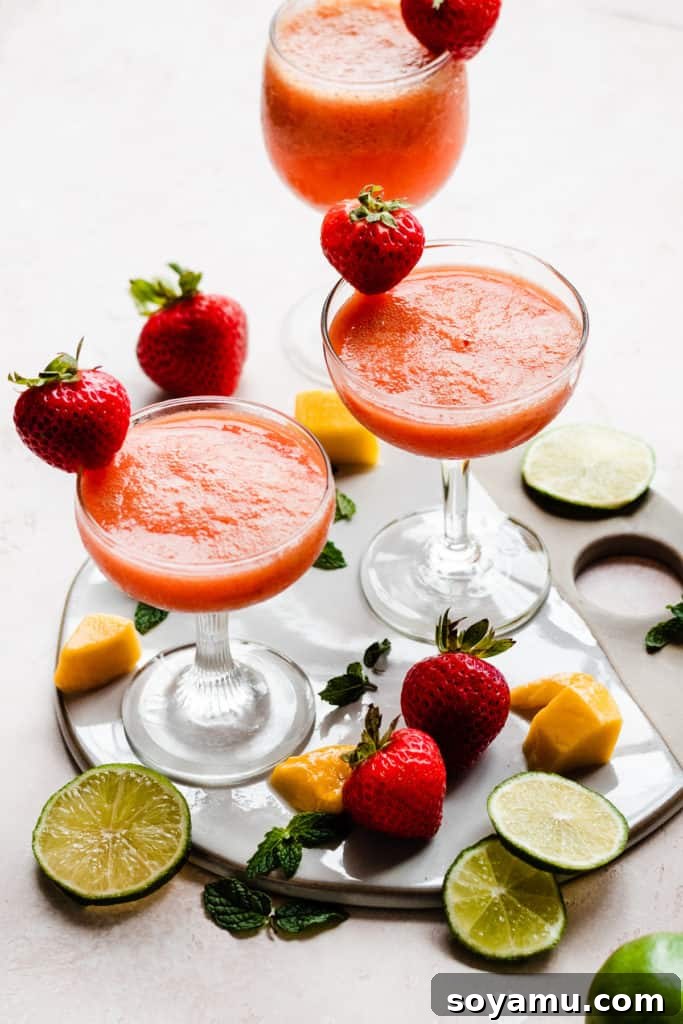Three cocktail glasses filled with a bright pinky orange rum punch, garnished with mangos, strawberries, and lime slices scattered around