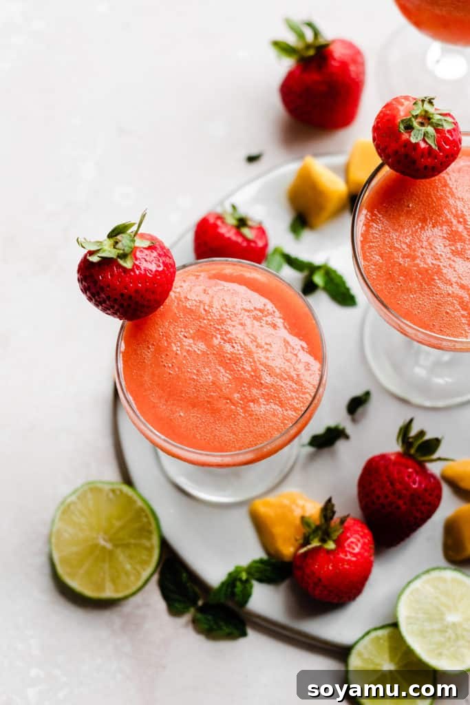 Top-down view of one cocktail glass filled with a pinky orange drink, and fruit scattered around