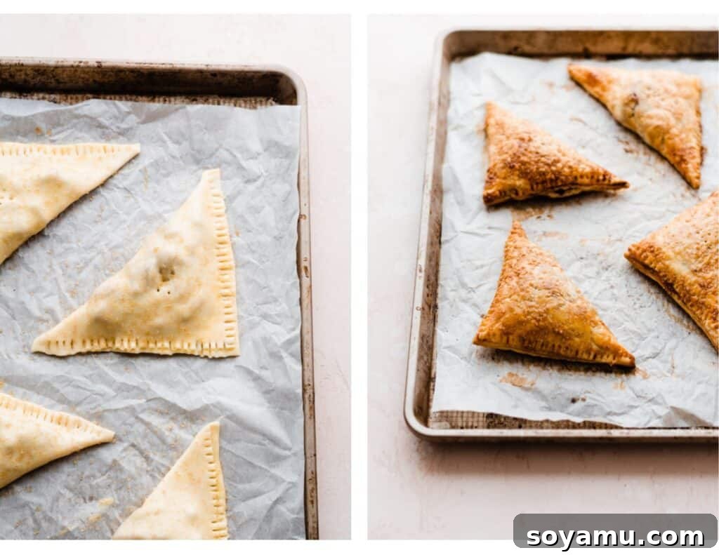 Flaky Caramel Apple Pockets 7 Two images - one of the unbaked and one of the baked turnovers.