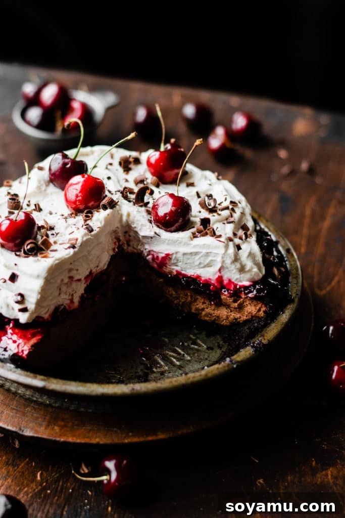 A whole No-Bake Black Forest Pie on a rustic wooden surface, with a few slices already removed, revealing the dark chocolate layers and bright red cherry filling beneath the fluffy whipped cream.