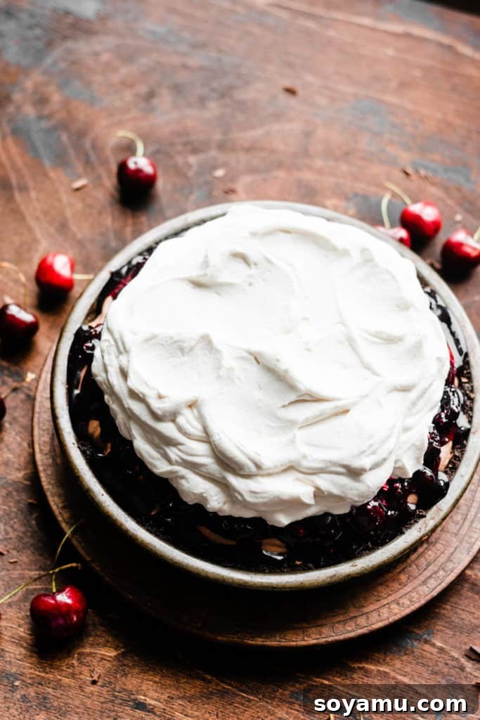 A No-Bake Black Forest Pie beautifully topped with artfully swirled whipped cream, awaiting its final garnishes of cherries and chocolate shavings.