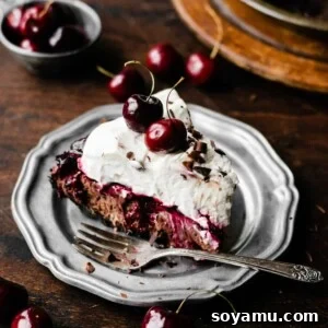 A slice of Black Forest Pie on a plate, with a fork and fresh cherries scattered around