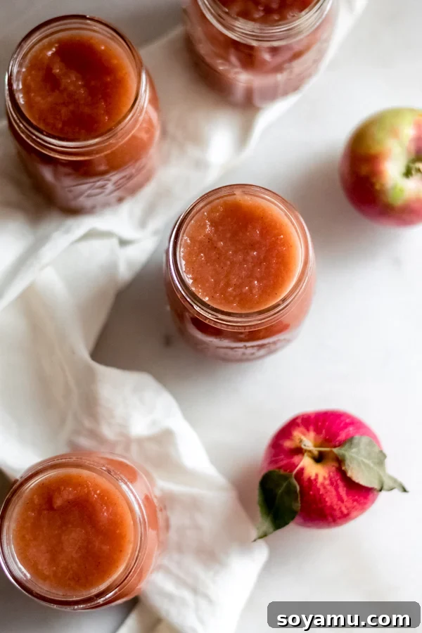 Two glass jars of homemade applesauce on a wooden table, ready for storage.