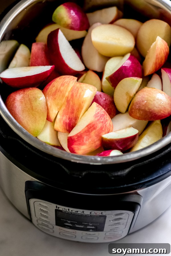 Quartered fresh apples combined with liquid in an Instant Pot liner, ready for cooking.