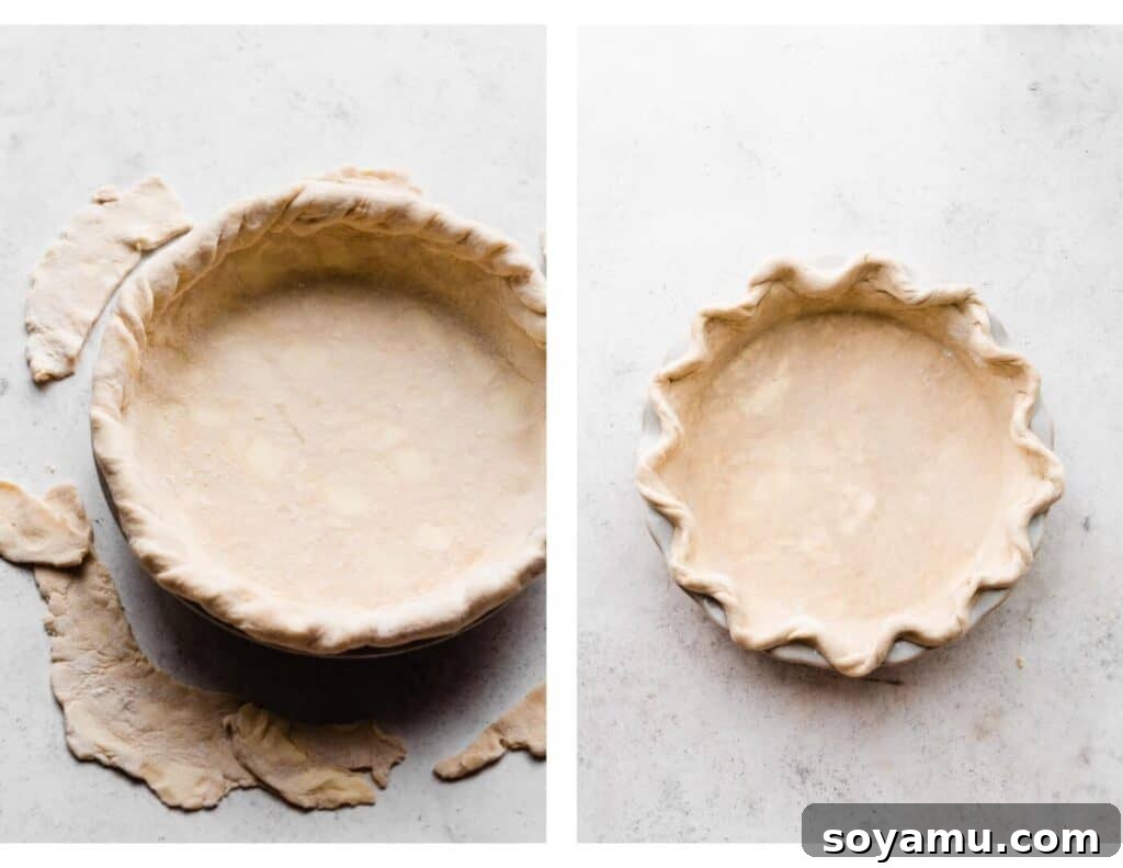 The Easiest 3-Ingredient Pie Crust Ever 11 Two images of pie dough with crimped edges inside a pie plate.
