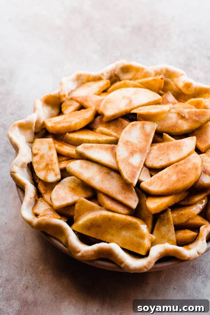 The Easiest 3-Ingredient Pie Crust Ever 12 Apple filling inside homemade pie dough in a pie pan.
