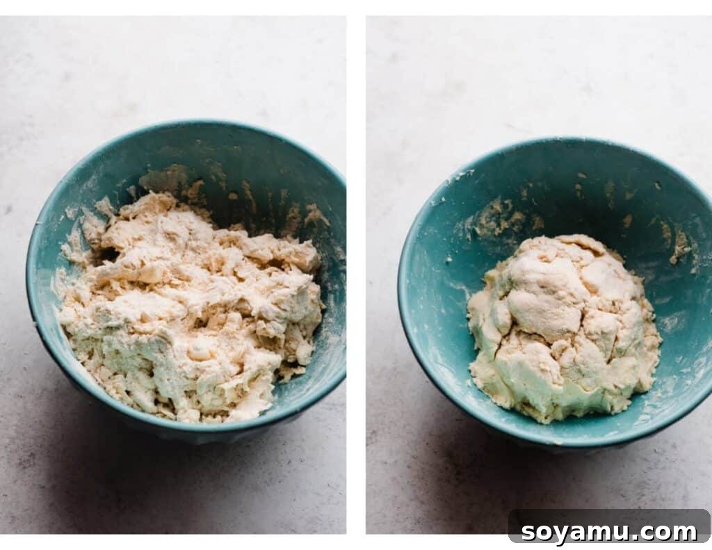 The Easiest 3-Ingredient Pie Crust Ever 7 A bowl of pie dough coming together.