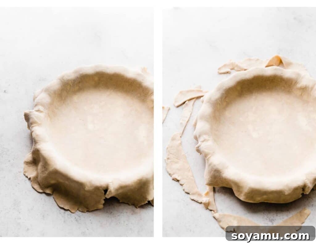 The Easiest 3-Ingredient Pie Crust Ever 10 Pie dough overhang being trimmed.
