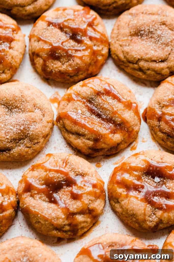 Pumpkin snickerdoodles on a light surface, beautifully drizzled with rich caramel sauce, ready to be enjoyed
