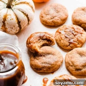 Delicious Pumpkin Snickerdoodle cookies generously drizzled with rich salted caramel sauce.