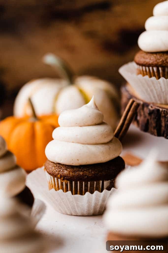 Autumn Pumpkin Delights with Brown Butter Cream Cheese 2 A close-up of a frosted pumpkin cupcake, with mini pumpkins behind it and a cinnamon stick in the cupcake