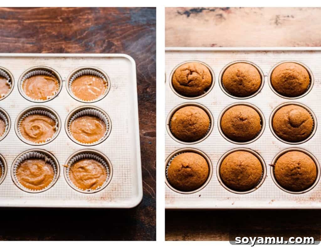Autumn Pumpkin Delights with Brown Butter Cream Cheese 6 Two images: one of the unbaked and one of the baked cupcakes in the pan.