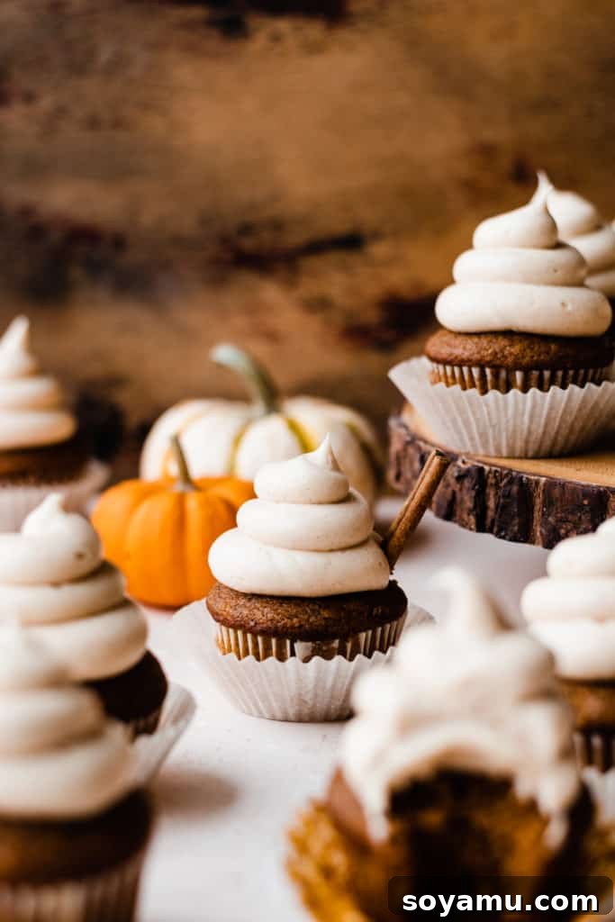 Autumn Pumpkin Delights with Brown Butter Cream Cheese 8 Straight-on shot of a few pumpkin cupcakes, with mini pumpkins in the background