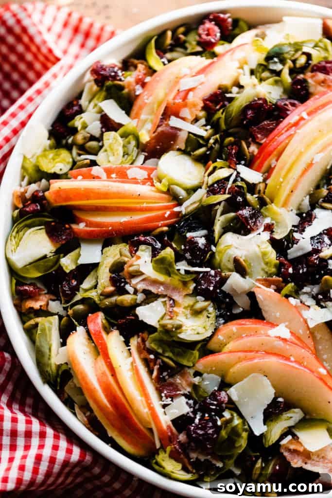 Maple Drizzled Brussels Sprout Salad 4 A close-up view of the tossed Brussels sprouts salad, highlighting the vibrant mixture of shaved Brussels sprouts, glistening Honeycrisp apples, ruby dried cranberries, golden pepitas, and crispy bacon, all coated in a rich maple dressing. A hint of the red and white checkered linen peeks out from beneath the bowl, adding a rustic charm to this delicious and easy Thanksgiving side dish.