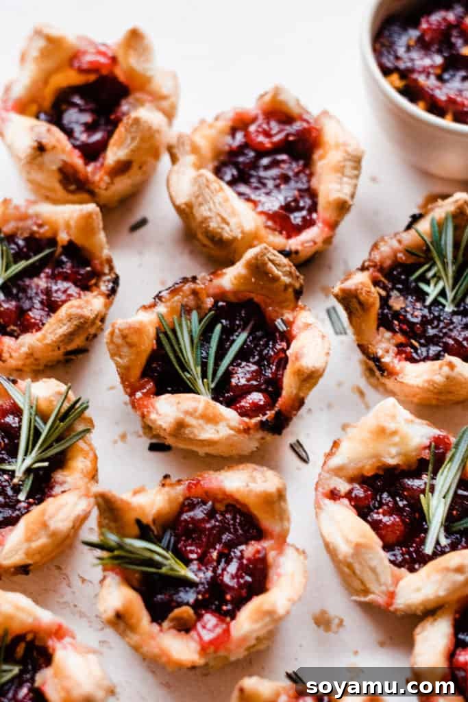 Spiced Rum Cranberry and Gouda Puff Pastry Bites 8 Close-up of a perfectly baked Gouda Puff Pastry Bite on a light surface, garnished with a sprig of fresh rosemary, highlighting its golden crust and delicious filling.
