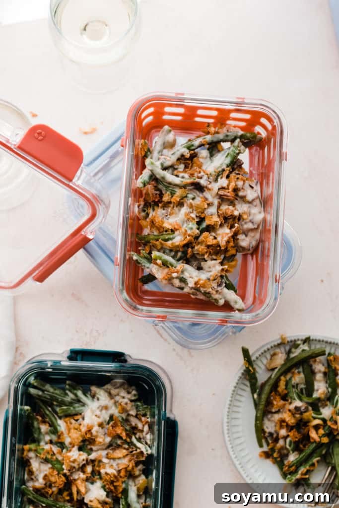 The Ultimate Homemade Green Bean Casserole 9 Ello DuraGlass meal prep containers filled with generous portions of green bean casserole, showcasing their stylish design and practical use for storing holiday leftovers.