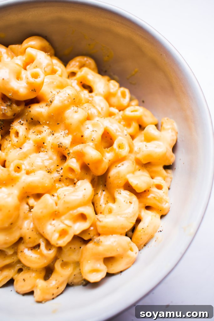 Easy Homemade Mac and Cheese in the Instant Pot Close-up of creamy homemade Instant Pot Mac and Cheese in a bowl.