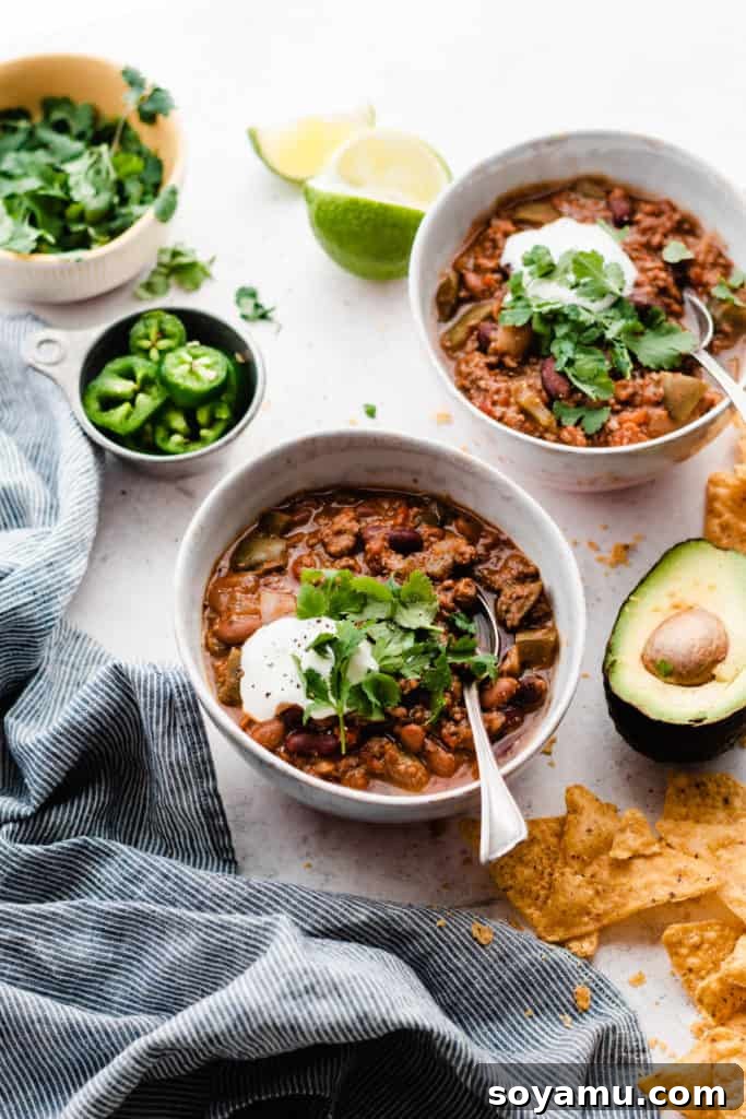 Effortless Slow Cooker Chili Perfection 3 A second view of two bowls of chunky chili, generously topped with creamy sour cream, vibrant cilantro, and crunchy tortilla chips, showcasing its delicious texture.