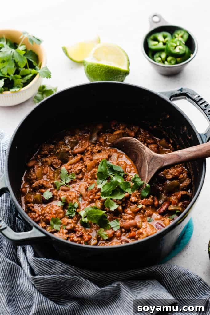 Effortless Slow Cooker Chili Perfection 6 A pot of freshly cooked slow cooker chili, garnished with vibrant green cilantro, ready to be served and enjoyed.