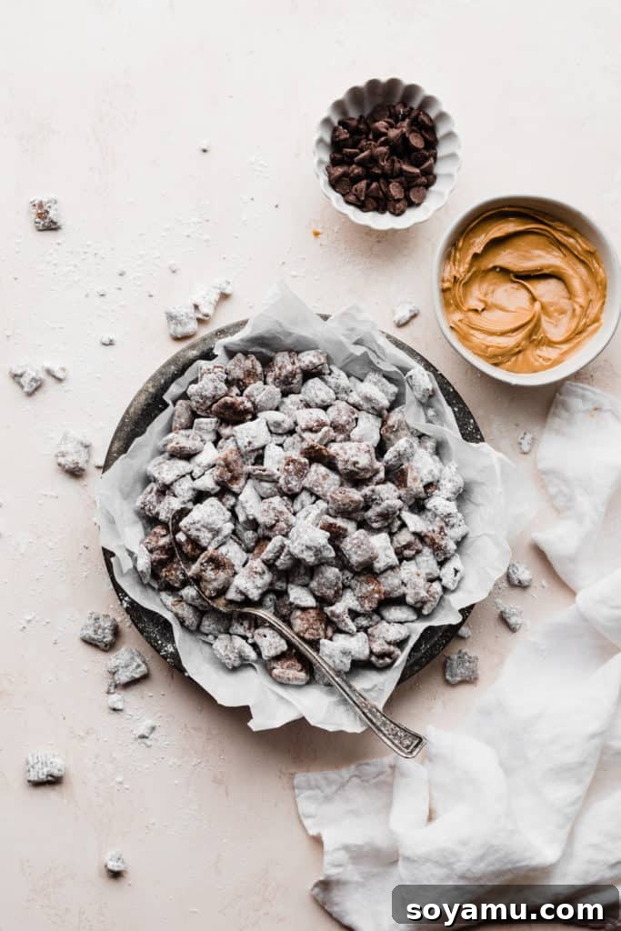 A vibrant dish of freshly made Puppy Chow (Muddy Buddies) alongside separate bowls of rich chocolate chips and smooth peanut butter, all artfully arranged on a bright, inviting surface. The image perfectly captures the essence of this quick, no-bake dessert, highlighting its key components and mouth-watering final presentation.