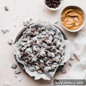 A metal tray filled with freshly made Puppy Chow (Muddy Buddies), highlighting the texture and powdered sugar coating of this beloved no-bake treat.