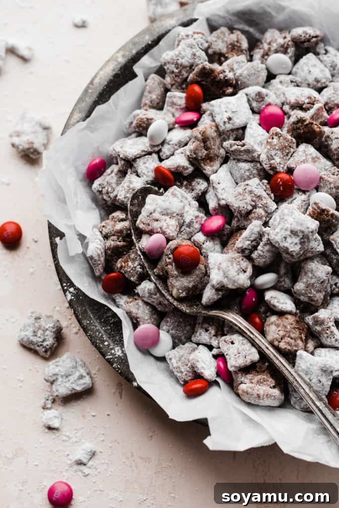 A close-up shot of a spoon gracefully scooping a generous portion of Puppy Chow (Muddy Buddies) from a vibrant serving bowl, clearly showcasing the rich chocolate and peanut butter coating perfectly dusted with powdered sugar. The image highlights the tempting texture and deliciousness, inviting you to take a bite.