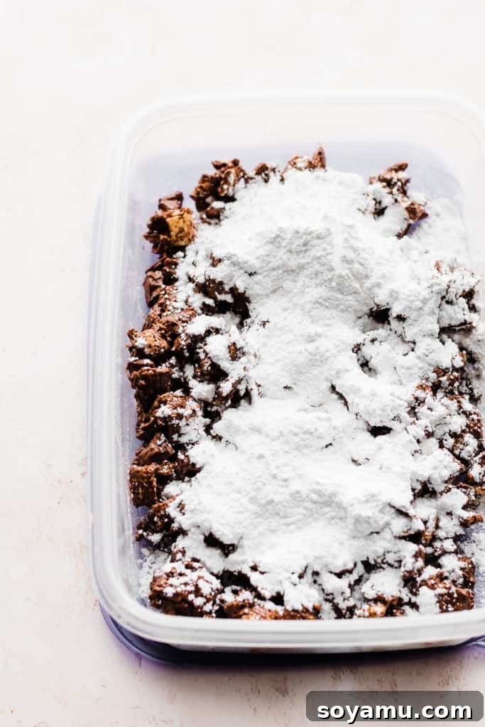 A large airtight Tupperware container brimming with chocolate-coated Chex cereal and a generous dusting of pristine white powdered sugar, poised for the crucial shaking step. This image clearly illustrates how the Puppy Chow is prepared for its signature powdery finish.