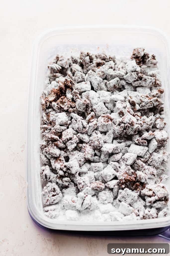 A large Tupperware container filled to the brim with perfectly coated, powdered sugar-dusted Puppy Chow (Muddy Buddies), showcasing its readiness for serving or secure storage. The generous coating promises a delicious and non-sticky treat.
