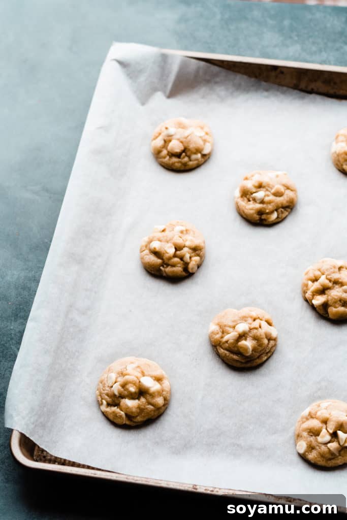 Warm, freshly baked white chocolate macadamia nut cookies cooling on a metal wire rack atop a blue baking sheet, their inviting golden color and visible inclusions ready to be enjoyed.
