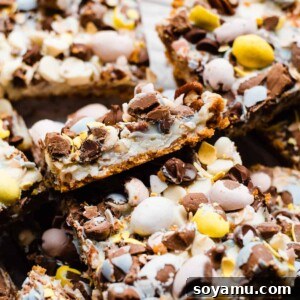 Close-up of a square-cut Seven Layer Bar, showing the distinct layers of crust, coconut, pecans, and chocolate.