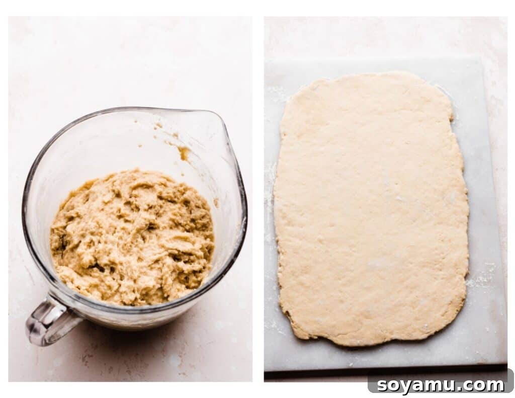 Tangy Raspberry Lemon Morning Buns with Cream Cheese Glaze 4 Two images: one shows a bowl of soft brioche dough, the other displays the dough expertly rolled out into a rectangle.
