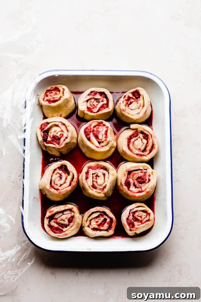 Tangy Raspberry Lemon Morning Buns with Cream Cheese Glaze 8 The pan of sweet rolls after a successful rise, now noticeably puffy and expanded, ready for baking.