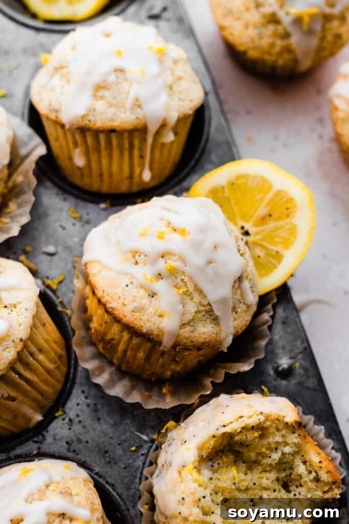 A close-up shot of a single lemon poppyseed muffin, perfectly golden, with a glistening lemon glaze drizzle and a thin lemon slice on top.