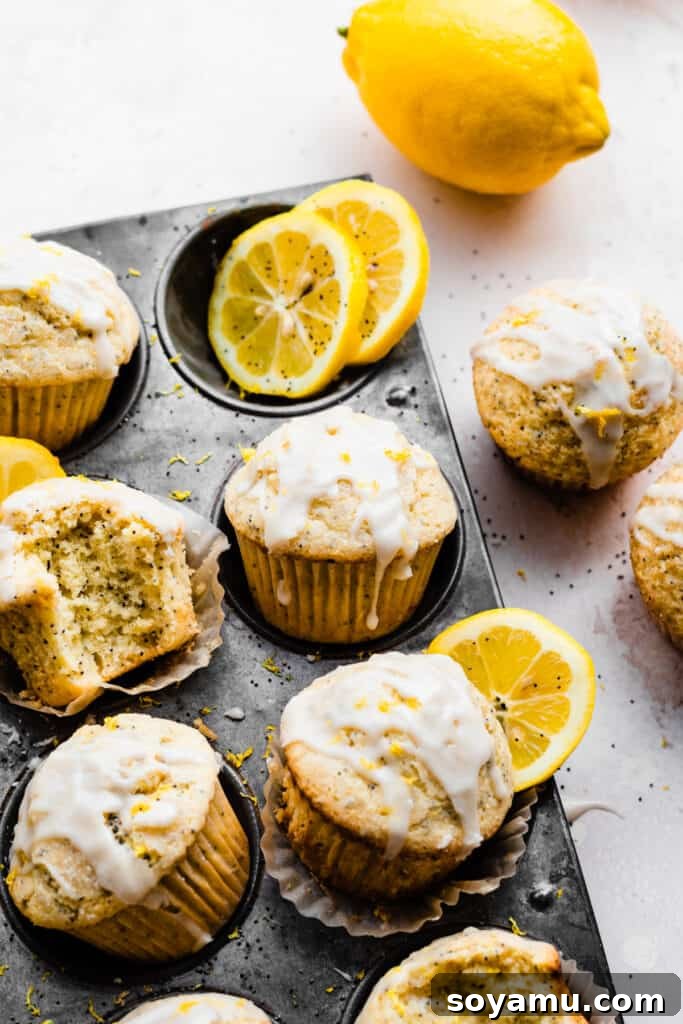 A muffin pan containing several lemon poppyseed muffins, with one muffin having a bite taken out of it, revealing its soft interior.