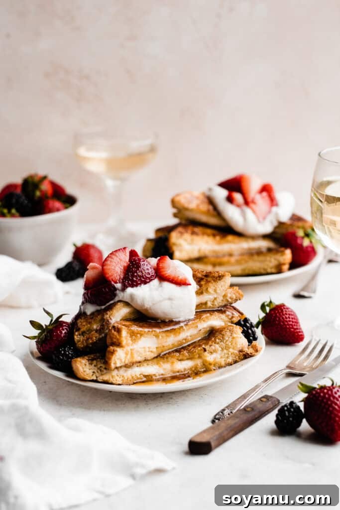 Decadent Stuffed French Toast 3 Two plates of stacks of stuffed french toast, topped with whipped cream, berries, and syrup, ready to be served.