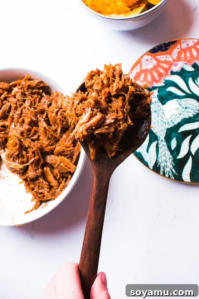 Perfectly Tender Instant Pot Pulled Pork 3 Close-up of succulent pulled pork with a generous coating of barbecue sauce, ready to be enjoyed.