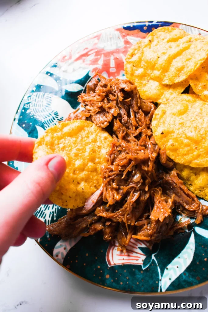 Perfectly Tender Instant Pot Pulled Pork 5 A close-up shot of pulled pork served with yellow corn chips, highlighting its versatility as a snack.