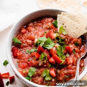 Close-up of fresh strawberry salsa in a bowl, perfect for dipping