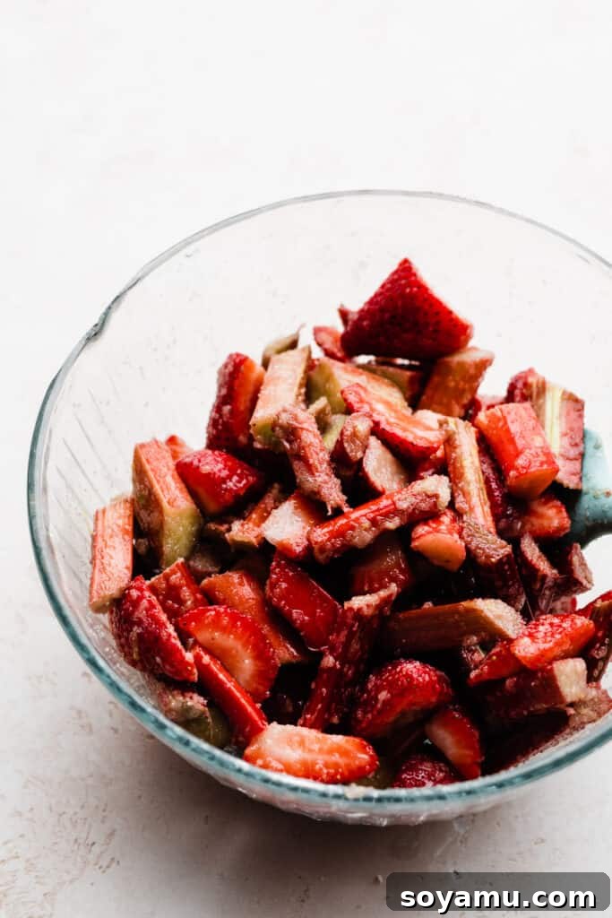 A vibrant bowl of fresh strawberry and rhubarb filling, perfectly mixed and ready to be placed onto the galette crust.