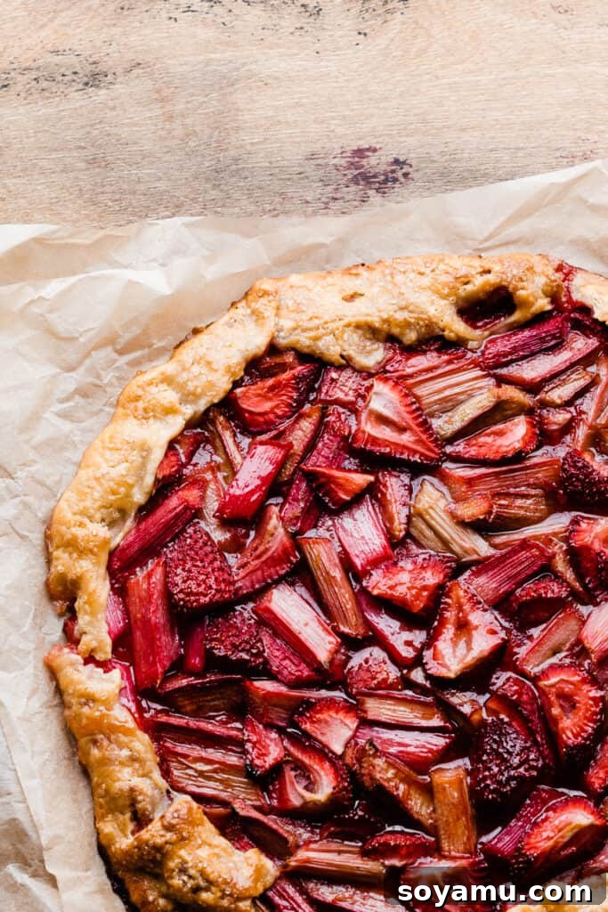A close-up view of the freshly baked strawberry rhubarb galette, showcasing its perfectly golden, crisp crust and the beautifully bubbly, juicy fruit filling.