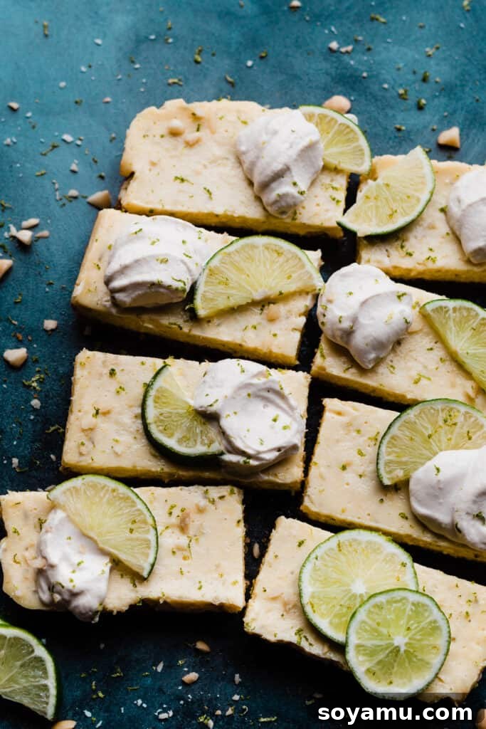 Tropical Key Lime Macadamia Bars 2 Key Lime Pie Bars topped with whipped cream, lime slices and zest.