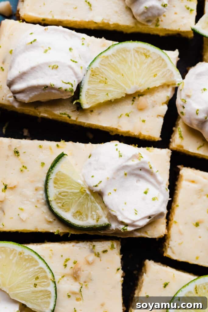 Tropical Key Lime Macadamia Bars 3 Close-up of key lime pie bars.