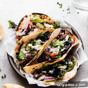 Lamb Souvlaki Tacos 8 A close-up of a finished Greek Grilled Lamb Taco, ready to be eaten.