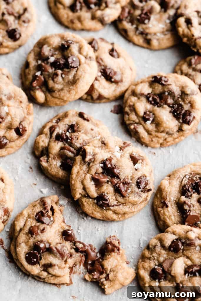 Freshly baked soft chocolate chip cookies sprinkled with flaky sea salt on parchment paper, ready to be devoured.
