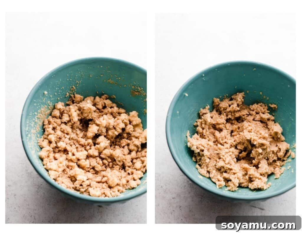 Comparison of under-creamed butter and sugar (lumpy) versus properly creamed butter and sugar (smooth and cohesive), demonstrating a key baking tip for ultimate chocolate chip cookies.