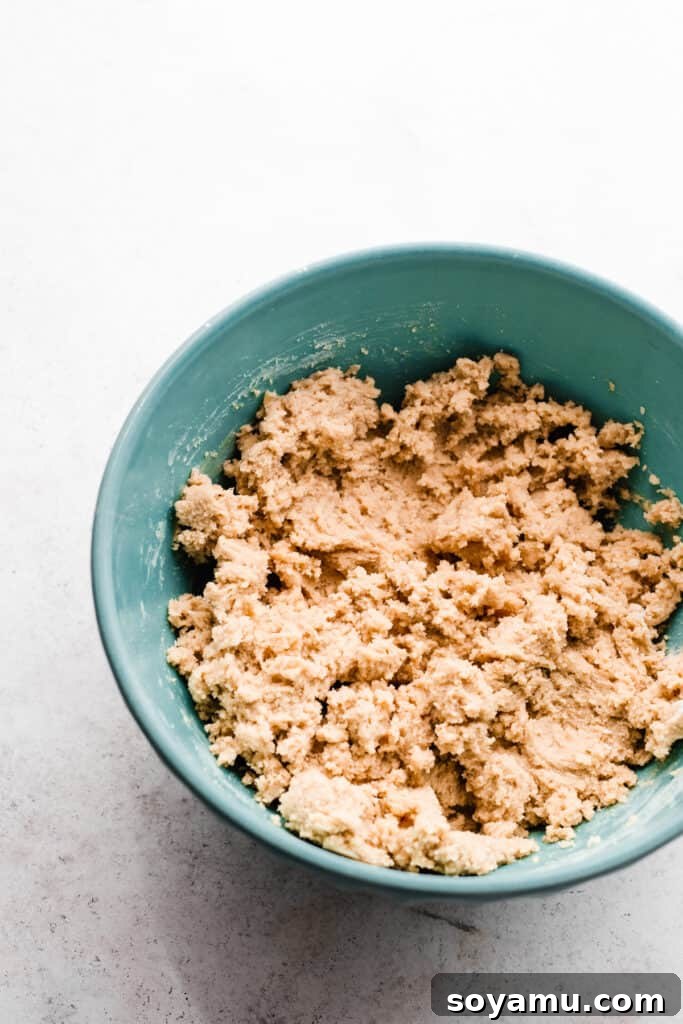 A mixing bowl filled with perfectly combined chocolate chip cookie dough, after adding eggs, vanilla, and dry ingredients, illustrating a key step for ultimate soft cookies.