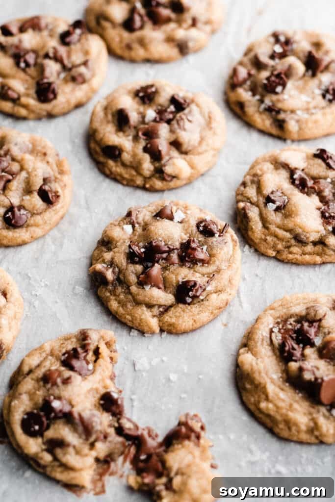 Close-up of freshly baked chocolate chip cookies topped with flaky sea salt on parchment paper, highlighting their delicious texture and melty chocolate.