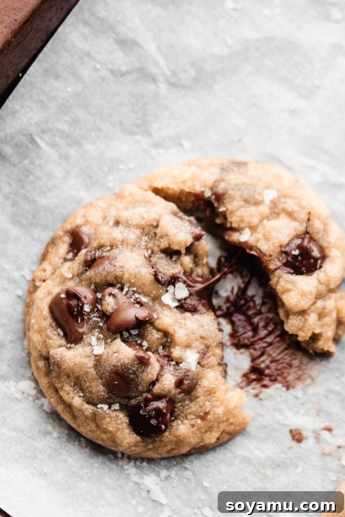 A close-up of a warm chocolate chip cookie broken in half, revealing its incredibly soft, gooey center and melted chocolate chips.