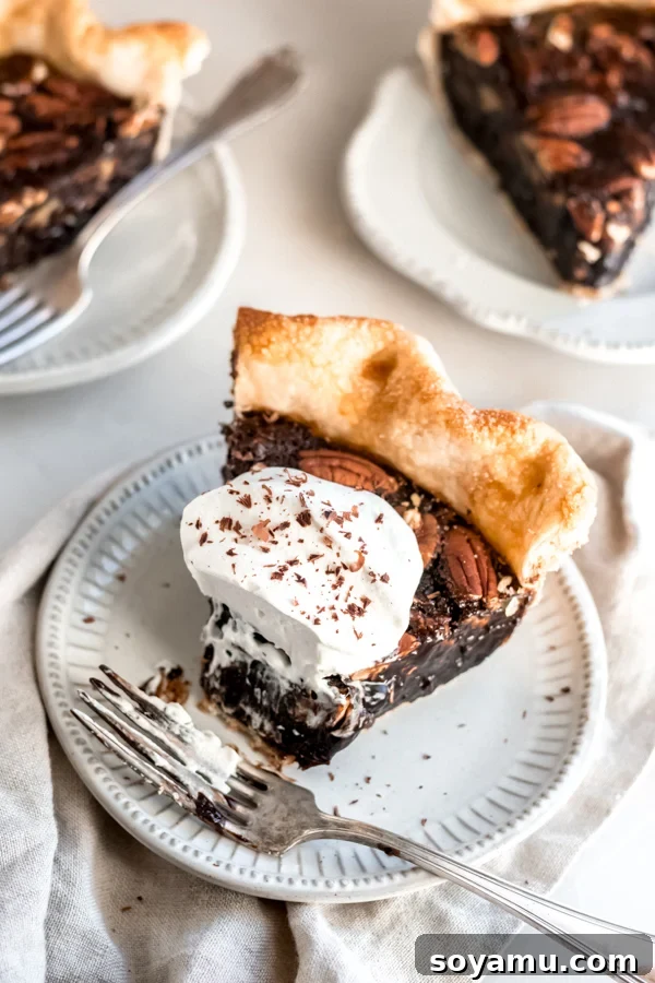 Chocolate Bourbon Pecan Pie - A Decadent Upgrade for Your Holiday Table A slice of chocolate bourbon pecan pie with a dollop of whipped cream on a plate.